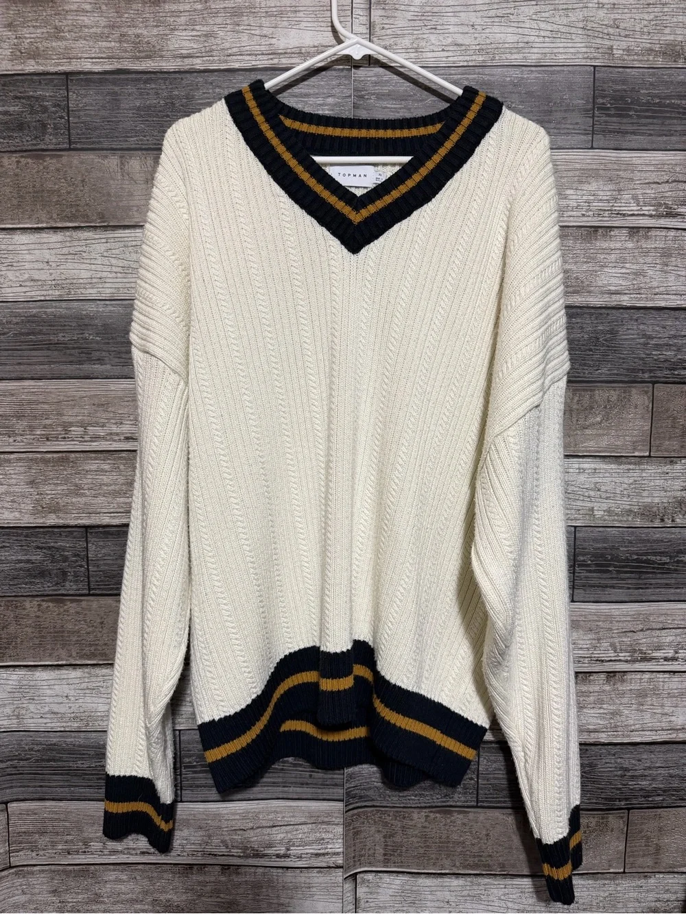 Topman Cable Knit V-Neck Sweater Men’s XL Cream Pullover Preppy